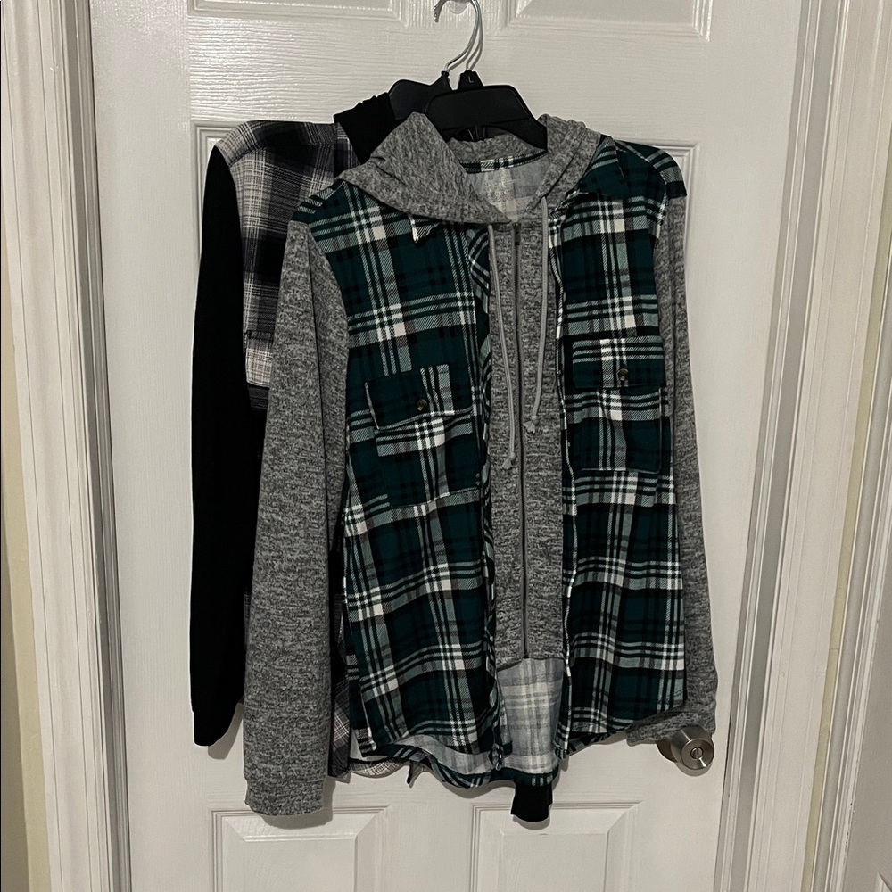 2 Plaid Hooded Flannel Shirts with Sleeves